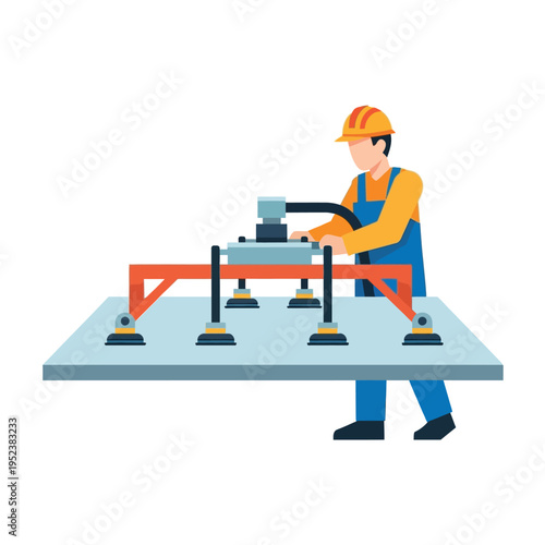 Construction worker using vacuum lifter for heavy panel.