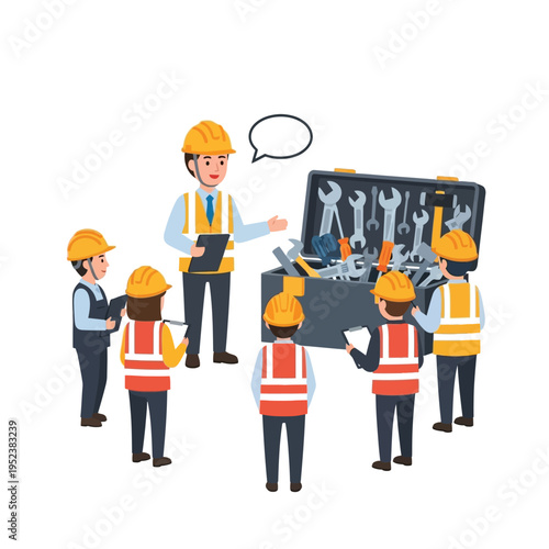 Construction workers receiving training from instructor with toolbox.