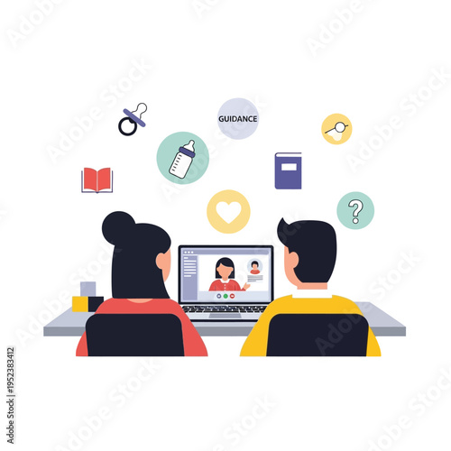 Couple attending online parenting class via video conference.