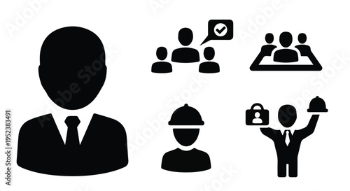 Set of 6 black silhouette business people and professional occupation vector icons