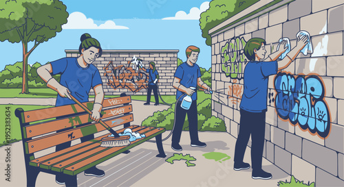 Volunteers cleaning graffiti from park bench and wall.