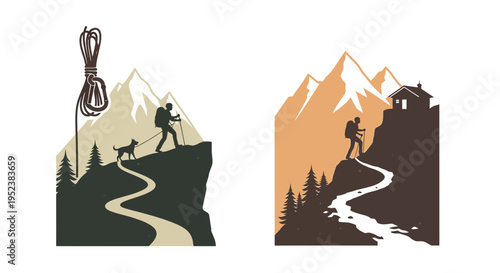 Mountain climber hiking with dog and cabin on rocky terrain vector illustration