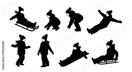 Winter Fun: Children Silhouettes Playing with Snow Sleds and Snowboarding