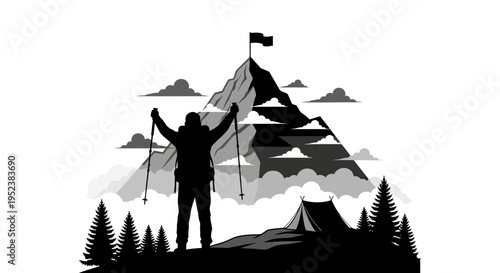 Mountain climber reaches summit silhouette illustration success concept