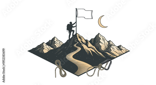 Mountain climber reaches summit with flag achieving success illustration
