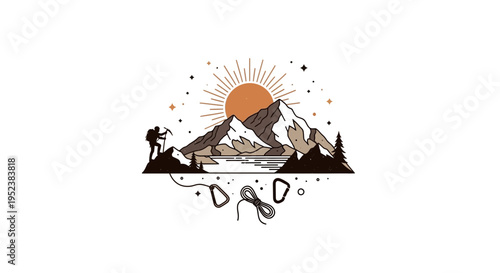 Mountain climber silhouette nature scene with sun and climbing gear