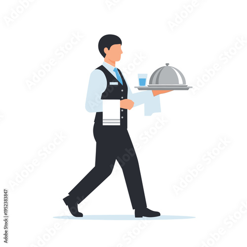 Waiter Serving Food on a Tray with a Cloche.