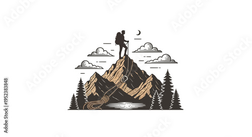 Mountain climber silhouette on summit with clouds nature landscape illustration