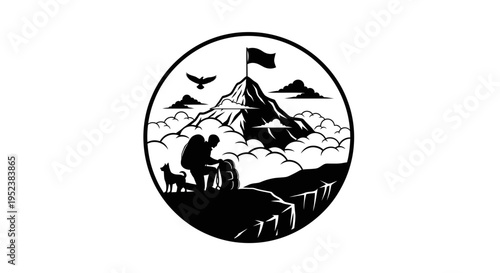Mountain climber silhouette reaching summit with flag and dog on white background