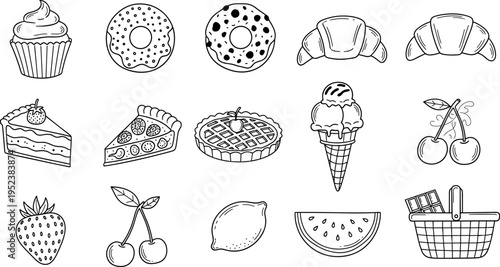 Collection of hand-drawn delicious desserts and fruits in a simple line art style