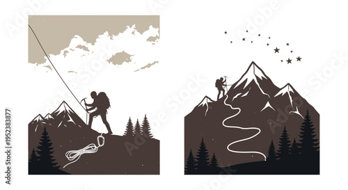 Mountain climber silhouette overcoming challenges illustration vector