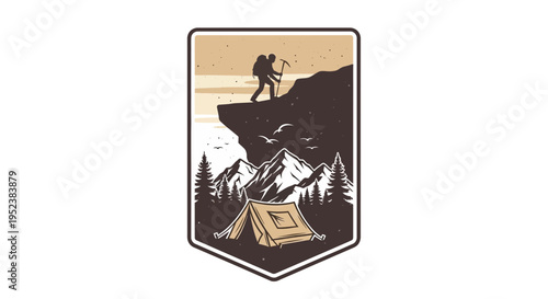 Mountain climber silhouette overlooking landscape with tent vector illustration
