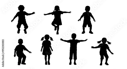 Diverse Children Silhouettes Dancing, Jumping, Playing - Group of Active Kids Poses