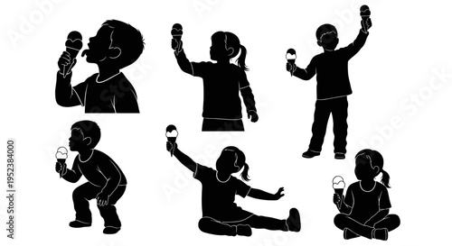Set of Silhouettes of Children Enjoying Ice Cream Cones in Various Poses