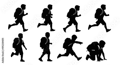 Silhouette of a boy with a backpack running and jumping in various poses