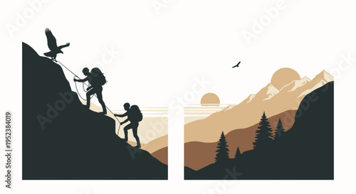 Mountain climbers and eagle silhouetted against a mountain landscape