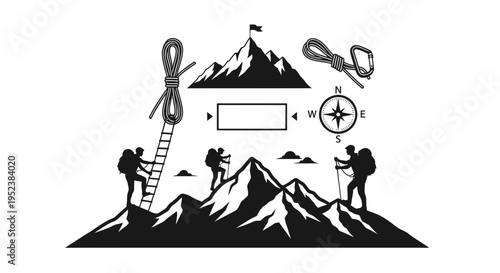 Mountain climbers and compass illustrations representing challenges and success