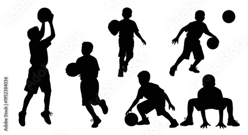 Silhouette of a boy playing basketball in various action poses