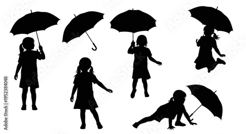 Silhouette of a child playing with an umbrella in different poses, rain, fun, childhood