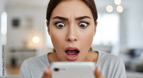 Shocked Young Woman Looking at Smartphone – Relatable Meme Reaction Concept