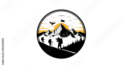 Mountain climbers and photographer reaching summit logo design in a circular frame
