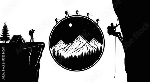 Mountain climbers and landscape illustration adventure outdoor scene vector