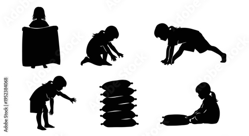 Silhouette of a child playing with pillows and blankets, diverse poses