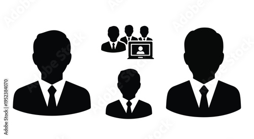 Set of 5 black vector business people and online meeting icons for user profiles and team collaboration