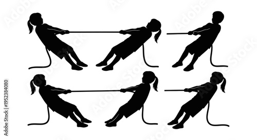 Silhouette of two teams playing tug of war, representing competition and teamwork.