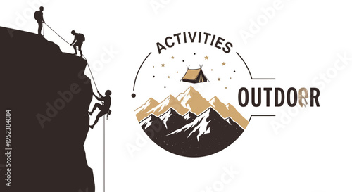Mountain climbers ascend a cliff face with outdoor activity logo