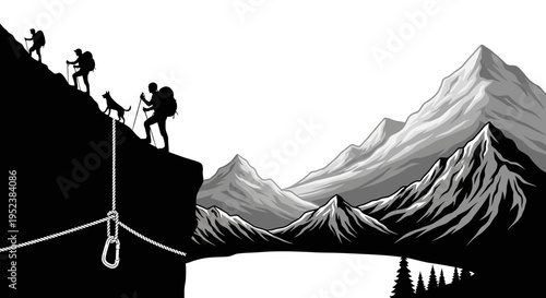 Mountain climbers ascend a steep cliff with dog panoramic landscape view