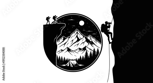 Mountain climbers and photographer silhouette over a night landscape