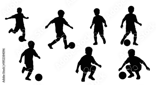 Silhouette of young boy playing soccer, dynamic poses, action shots