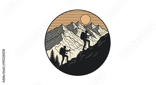 Mountain climbers ascending rocky terrain under sun vector illustration
