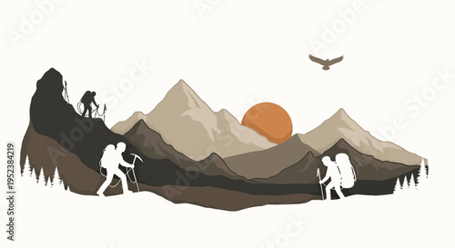Mountain climbers ascending peaks silhouette with sunset and eagle illustration