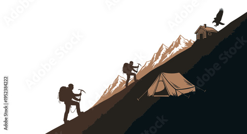 Mountain climbers ascending rocky terrain with tent and shelter vector illustration