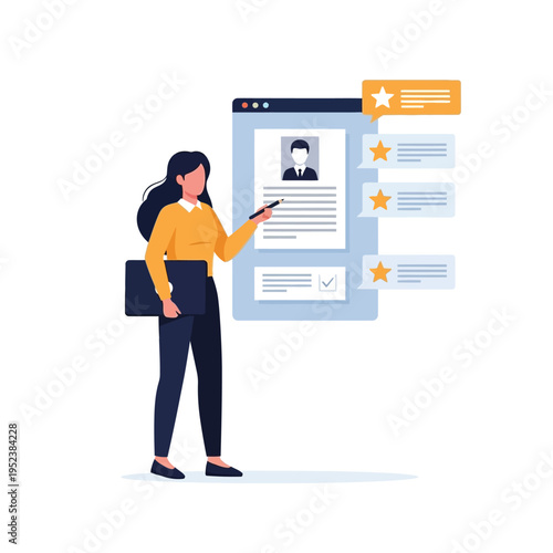 Woman reviewing resume on digital screen with star ratings.