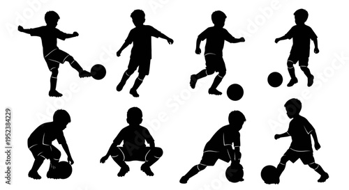 Soccer Kids Silhouettes: Action Poses of Young Players Kicking, Dribbling, and Playing Football