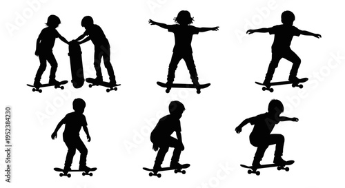 Skateboarder Silhouettes: Action Poses of Kids and Teens Performing Tricks on Skateboards