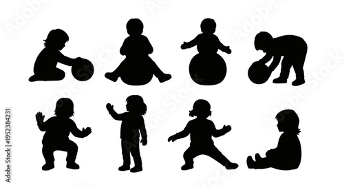 Silhouettes of Toddlers Playing: Diverse Poses of Young Children with Balls and Active Movements