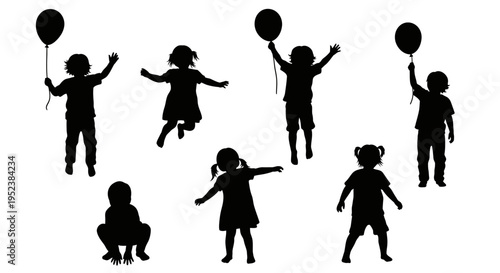 Silhouettes of Happy Children Playing with Balloons, Jumping and Dancing