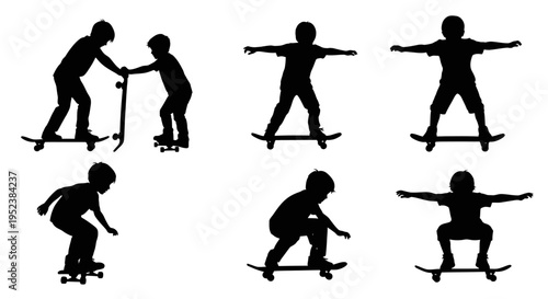 Skateboarder Silhouettes: Action Poses of Kids Skating and Performing Tricks