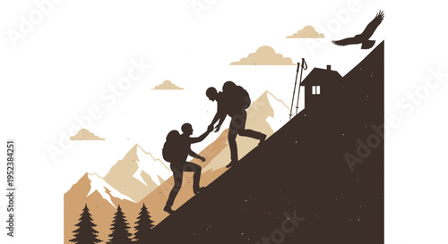 Mountain climbers assisting each other towards summit silhouette illustration