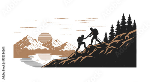 Mountain climbers assisting each other with teamwork and achieving goals