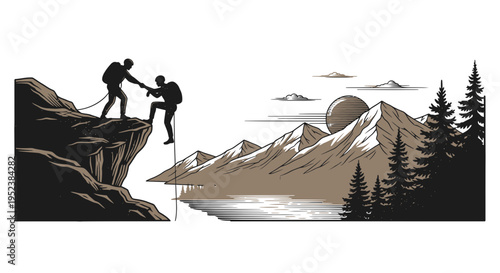 Mountain climbers assisting each other with teamwork and reaching a goal