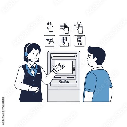 Customer service representative assisting a person at an ATM.