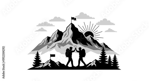 Mountain climbers celebrate on summit with flag vector illustration