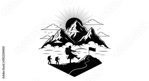 Mountain climbers reach summit silhouette illustration adventure concept