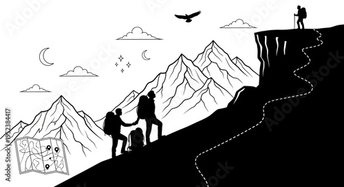Mountain climbers reach summit silhouette illustration concept adventure outdoors