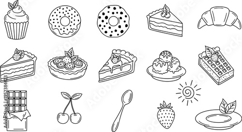 Collection of delicious sweet desserts and treats in a simple line art style